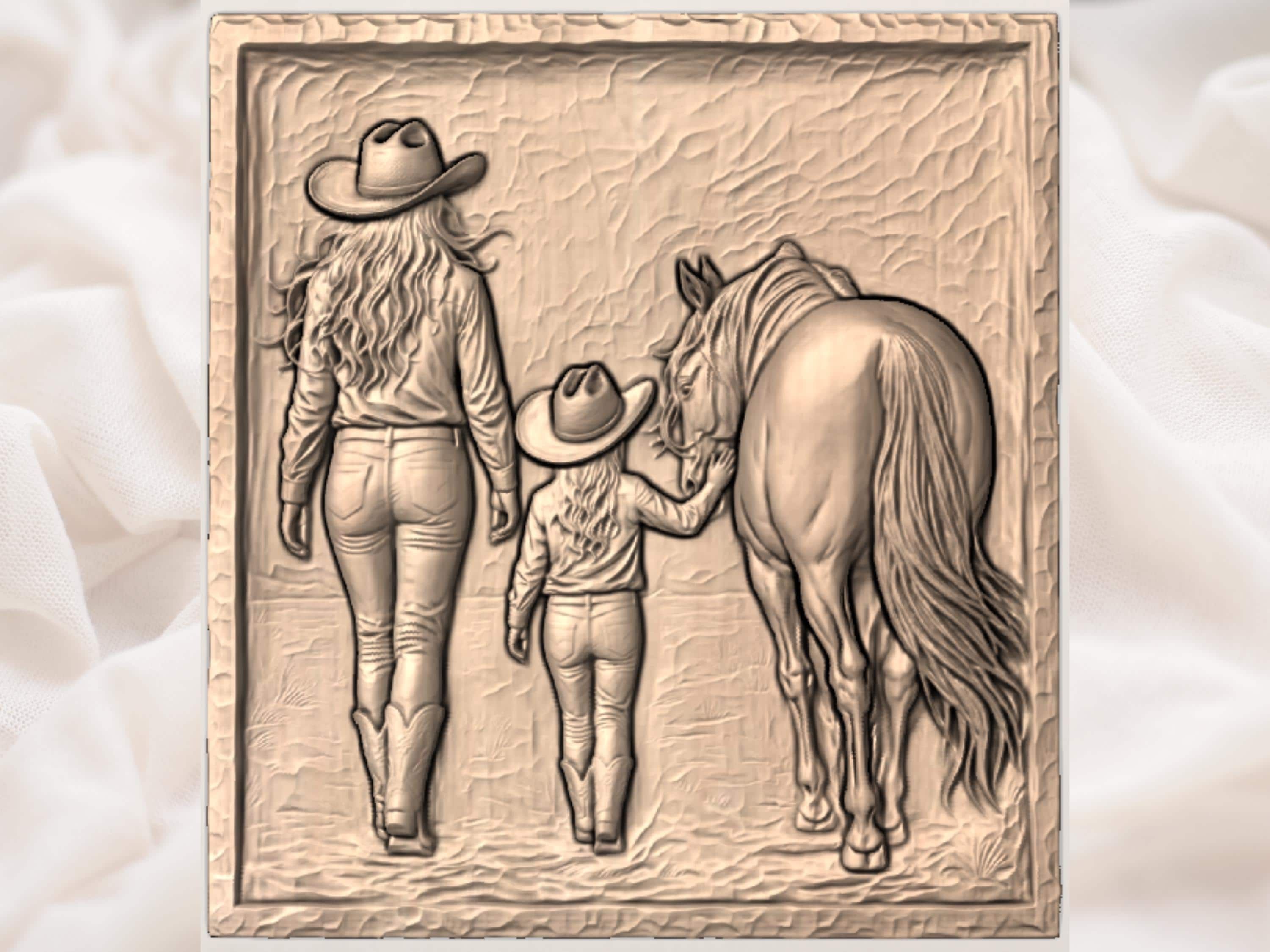 Young Cowgirl Petting Her Horse Bas-Relief STL Carving bas-relief STL — view 2