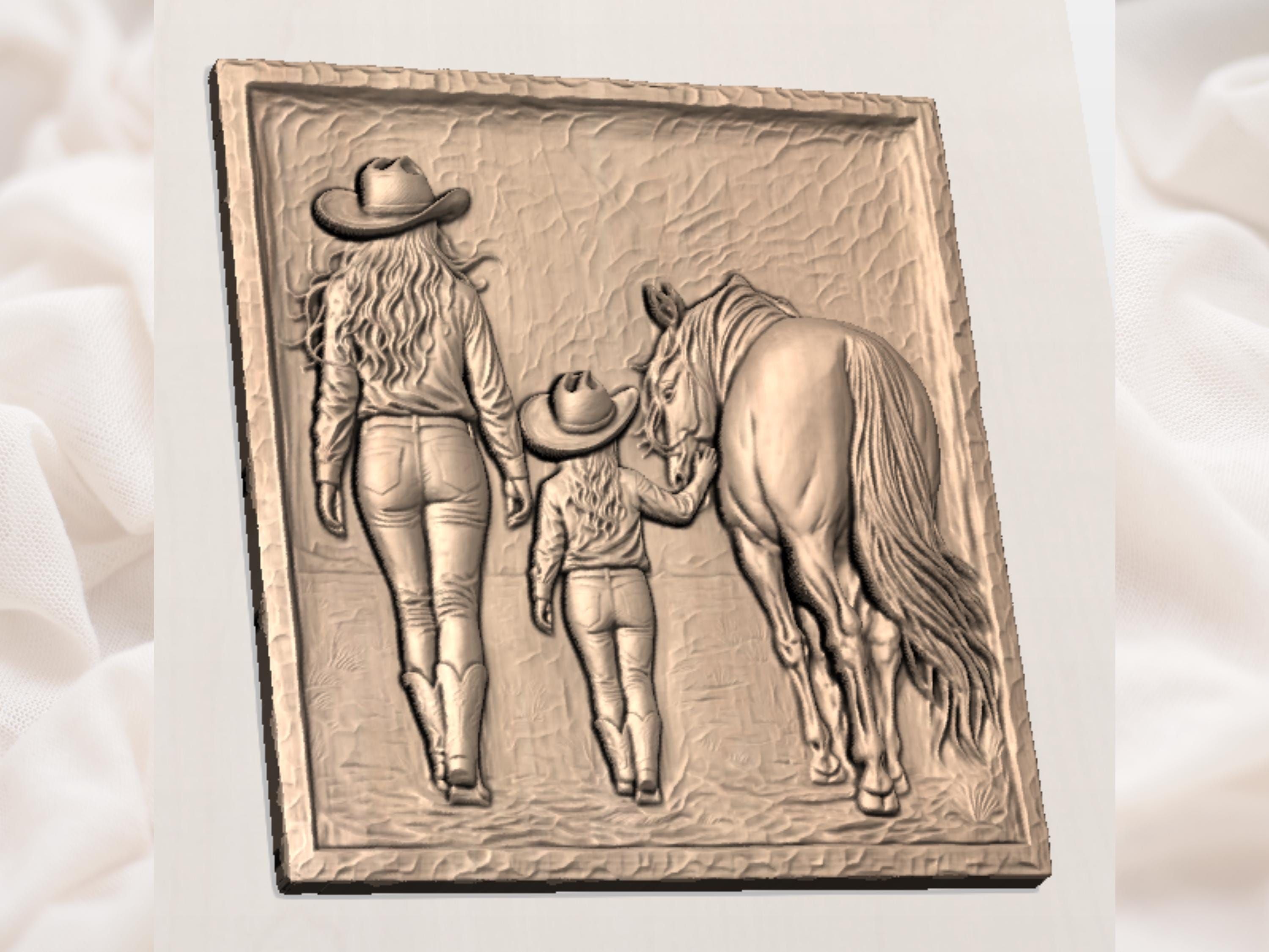 Young Cowgirl Petting Her Horse Bas-Relief STL Carving bas-relief STL — view 3