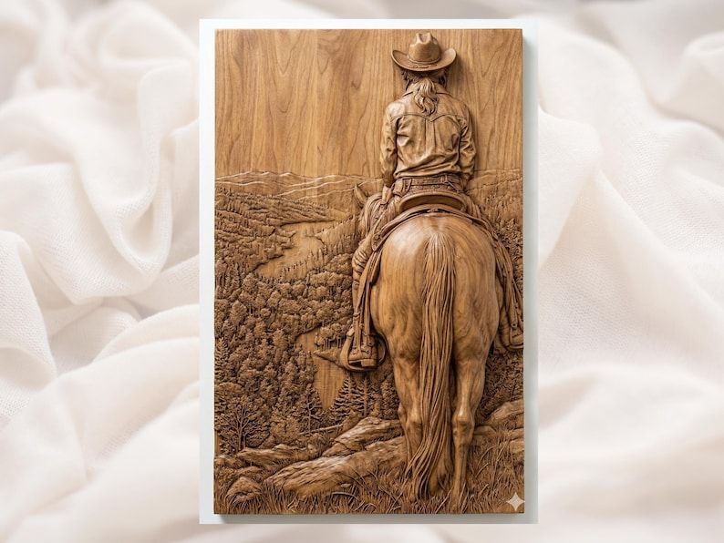 Carved wood relief of a cowgirl on horseback from behind, overlooking a forested mountain valley.