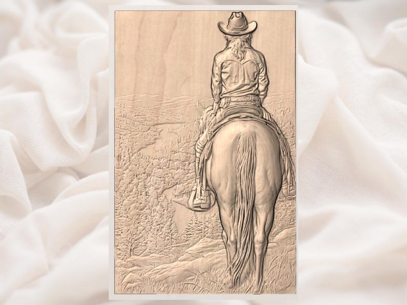 Cowgirl on Horseback Overlooking the Valley Bas-Relief STL bas-relief STL — view 2