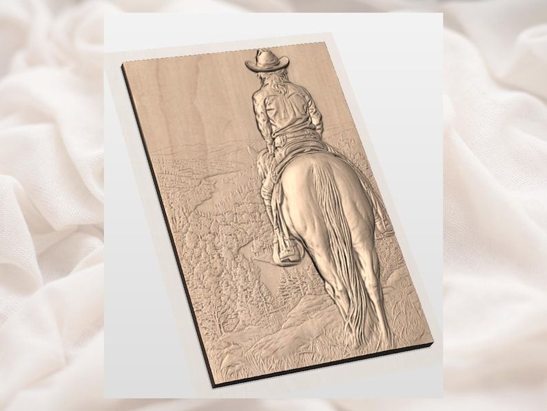 Cowgirl on Horseback Overlooking the Valley Bas-Relief STL bas-relief STL — view 3