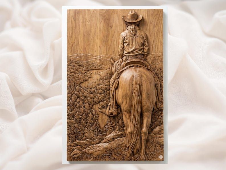 Cowgirl on Horseback Overlooking the Valley Bas-Relief STL bas-relief STL design