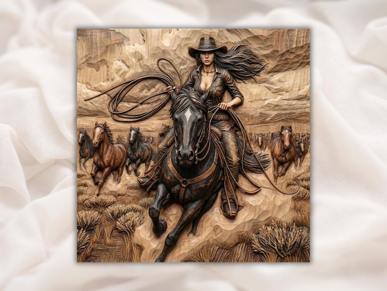 Bas-relief wood carving of a cowgirl swinging a lasso on a galloping horse with a running herd behind