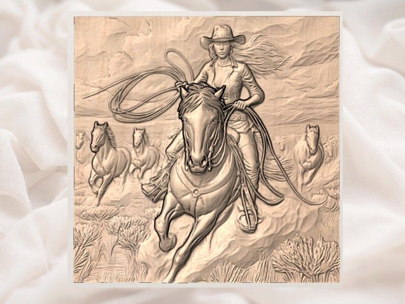 Cowgirl Roper on Galloping Horse Bas-Relief STL Carving bas-relief STL — view 2