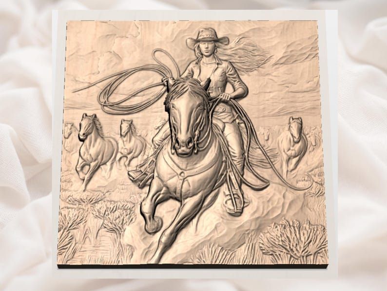 Cowgirl Roper on Galloping Horse Bas-Relief STL Carving bas-relief STL — view 3