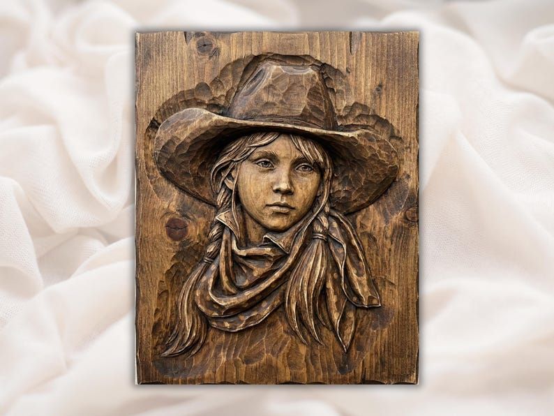 Carved wood bas-relief of a young cowgirl wearing a hat with long hair and a bandana around her neck.