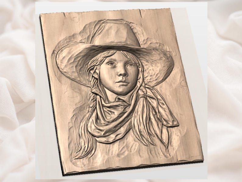 Young Cowgirl Portrait Bas-Relief STL for CNC Carving bas-relief STL — view 2