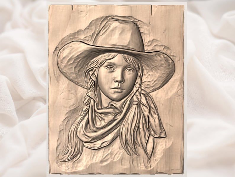 Young Cowgirl Portrait Bas-Relief STL for CNC Carving bas-relief STL — view 3