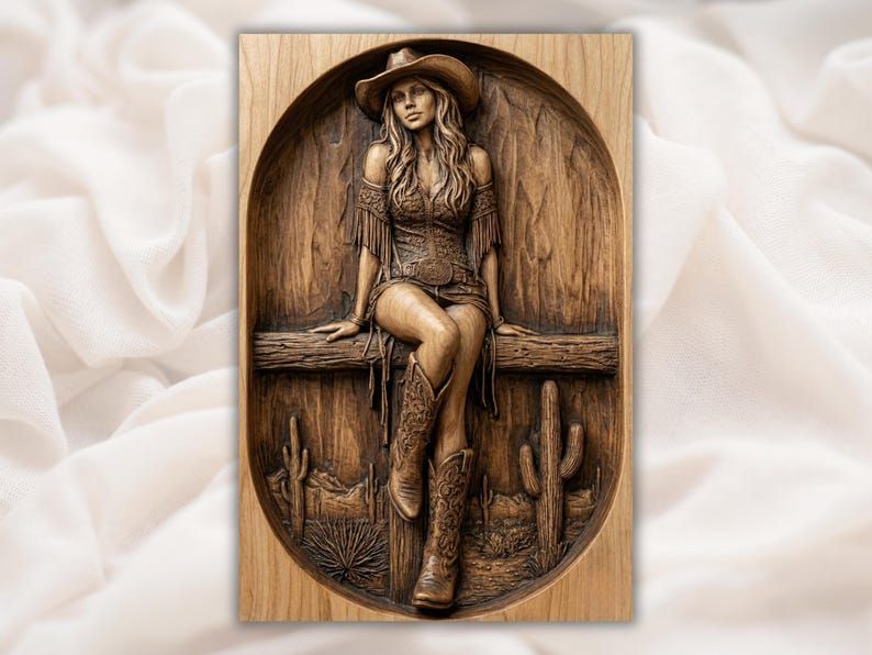 Carved wood relief of a cowgirl in a hat and boots sitting on a fence with desert cactus behind her