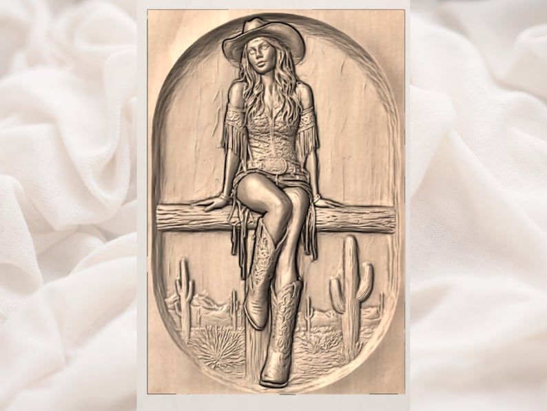 Cowgirl on a Fence STL, Western Cowboy Hat and Boots Relief bas-relief STL — view 2