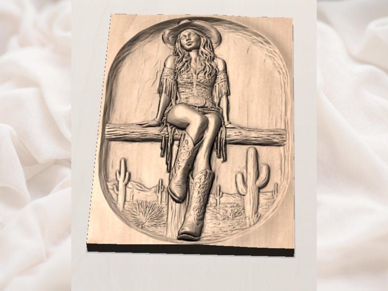 Cowgirl on a Fence STL, Western Cowboy Hat and Boots Relief bas-relief STL — view 3