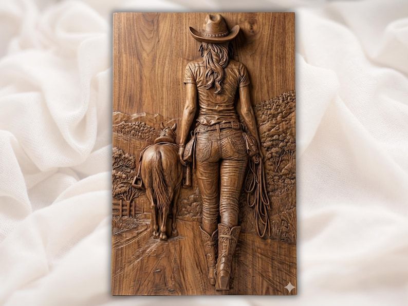Carved wood bas-relief of a cowgirl in a hat and boots leading her horse down a ranch trail