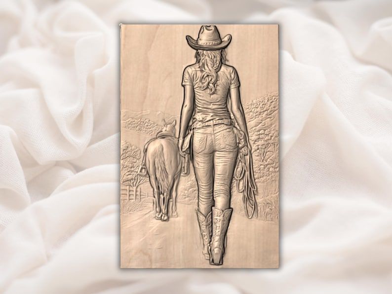 Cowgirl Leading Her Horse Down the Trail Bas-Relief STL bas-relief STL — view 2
