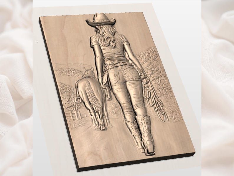 Cowgirl Leading Her Horse Down the Trail Bas-Relief STL bas-relief STL — view 3