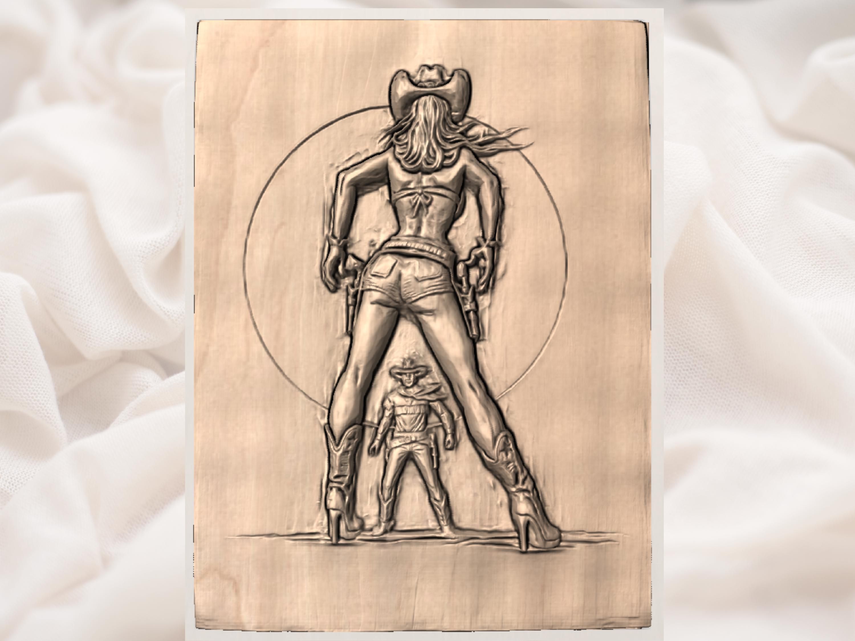 Cowgirl and Gunslinger Western Bas-Relief STL Wall Panel bas-relief STL — view 3