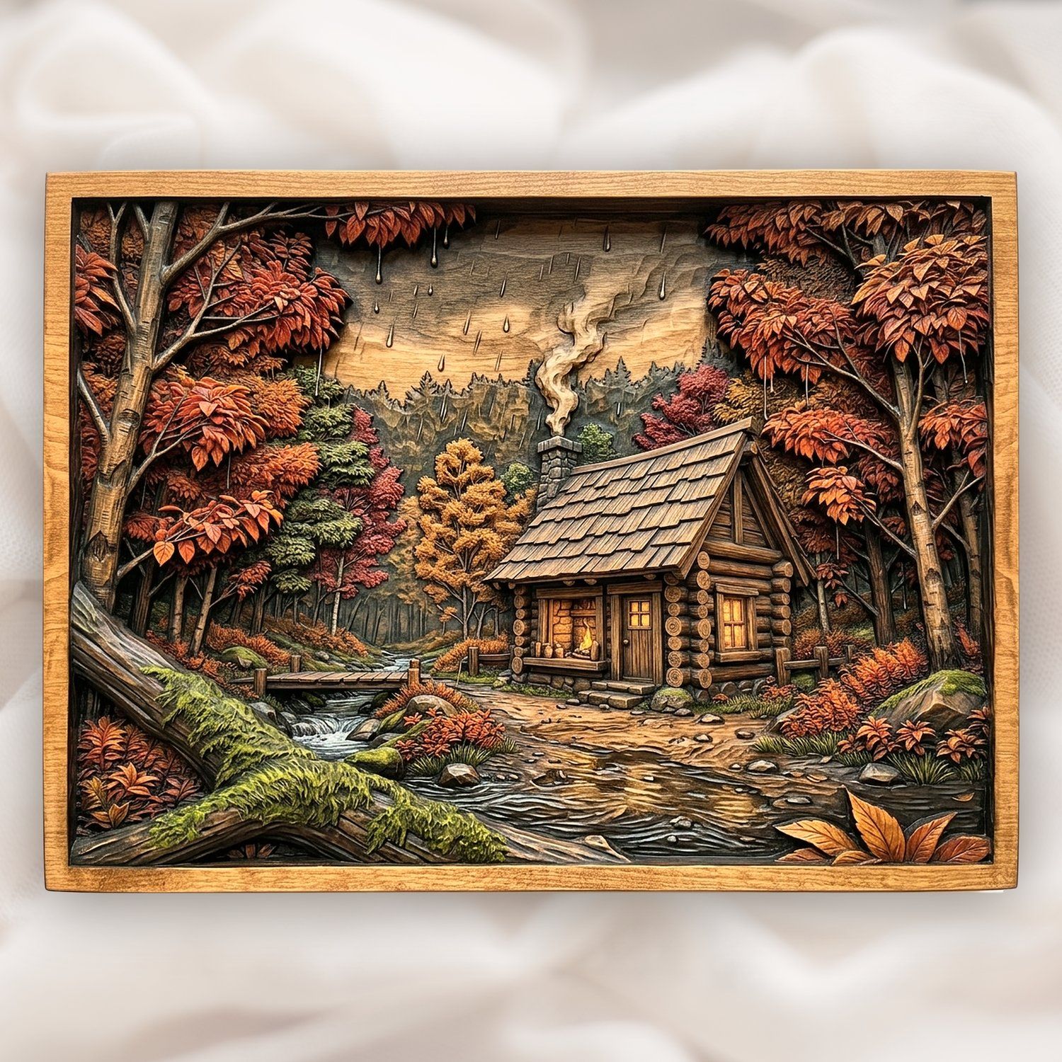 Cozy Autumn Log Cabin Forest Scene CNC Relief STL bas-relief STL design