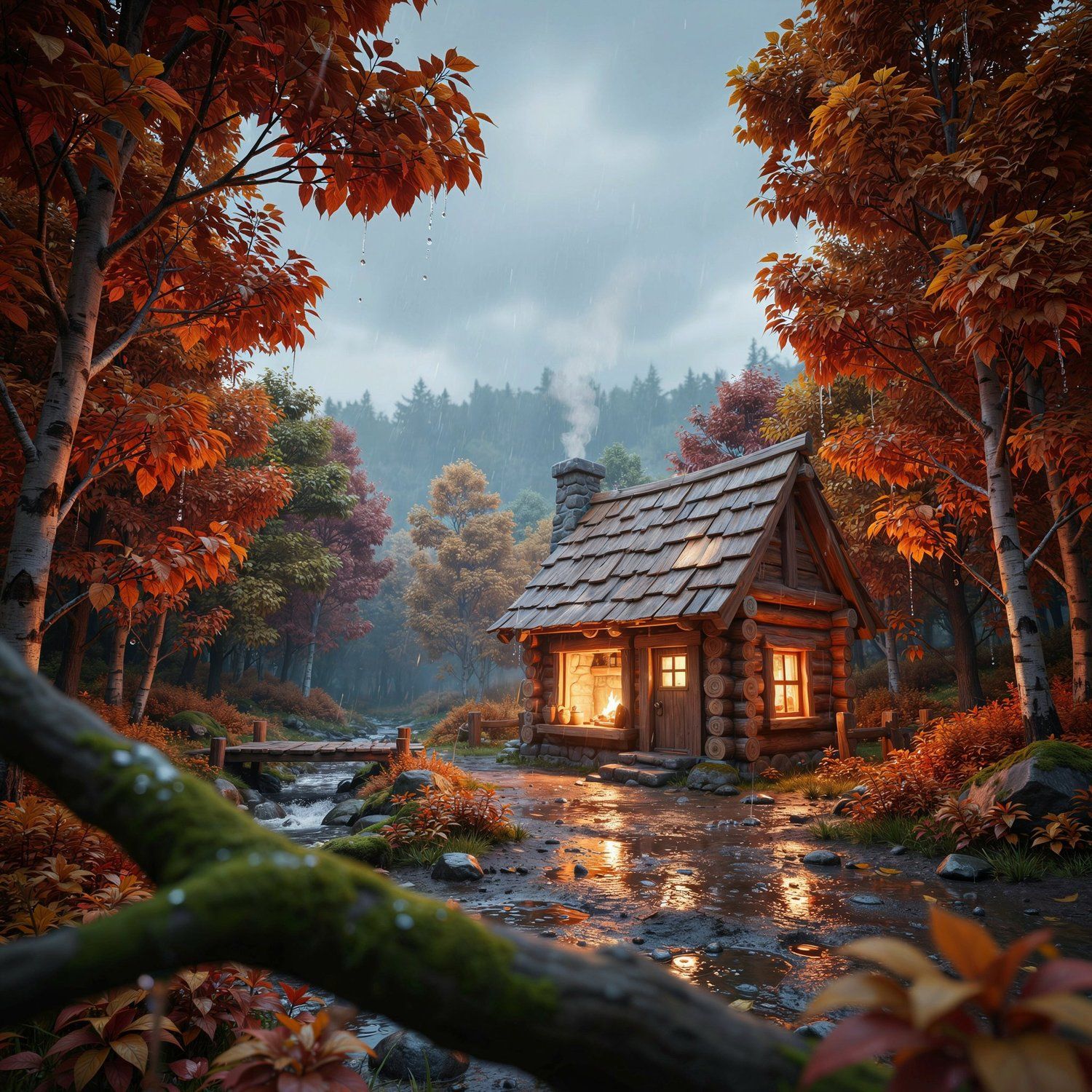 Cozy Autumn Log Cabin Forest Scene CNC Relief STL bas-relief STL — view 12