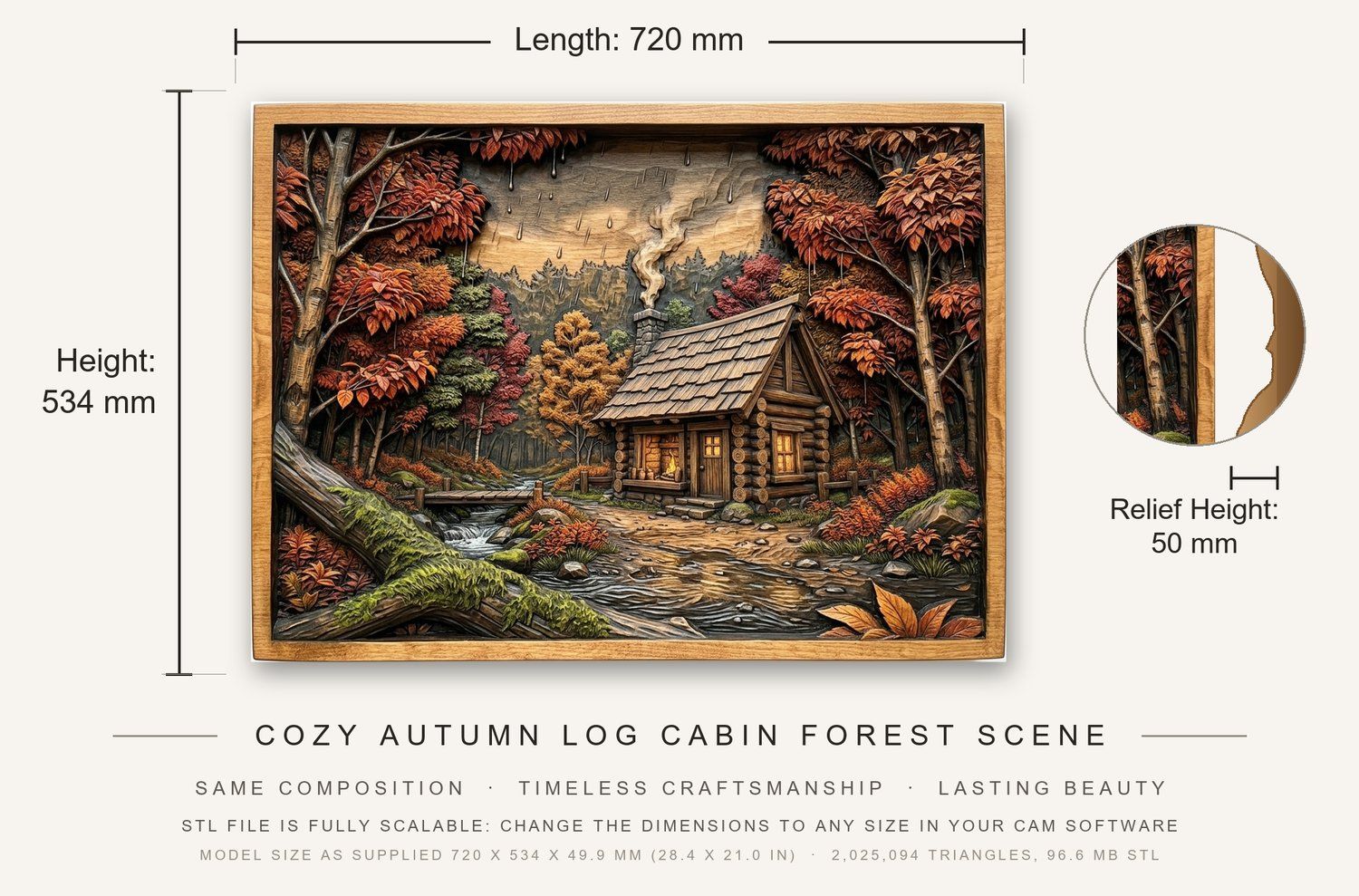 Cozy Autumn Log Cabin Forest Scene CNC Relief STL bas-relief STL — view 3
