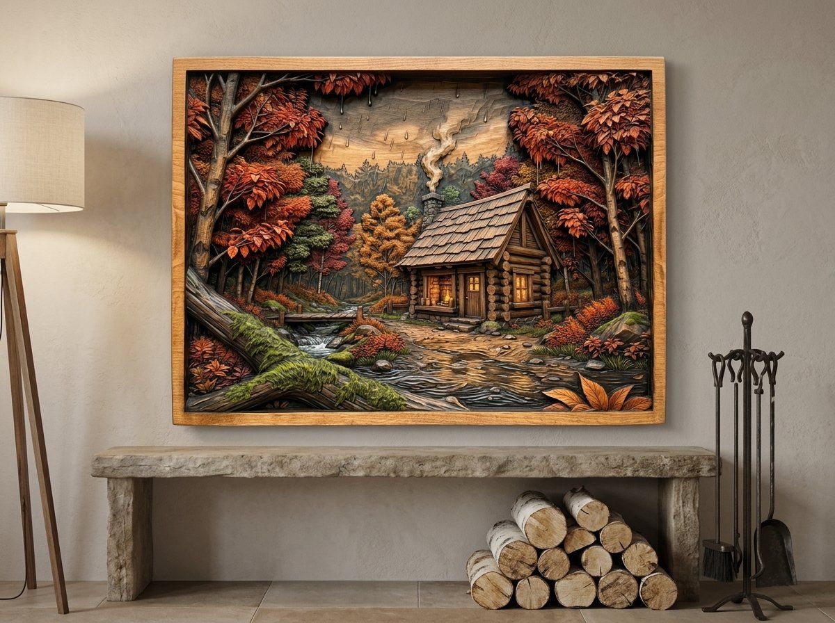 Cozy Autumn Log Cabin Forest Scene CNC Relief STL bas-relief STL — view 13