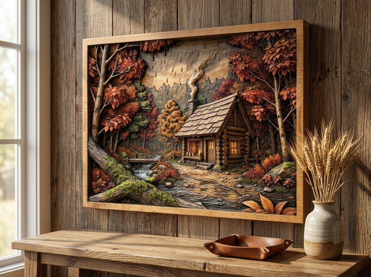 Cozy Autumn Log Cabin Forest Scene CNC Relief STL bas-relief STL — view 14