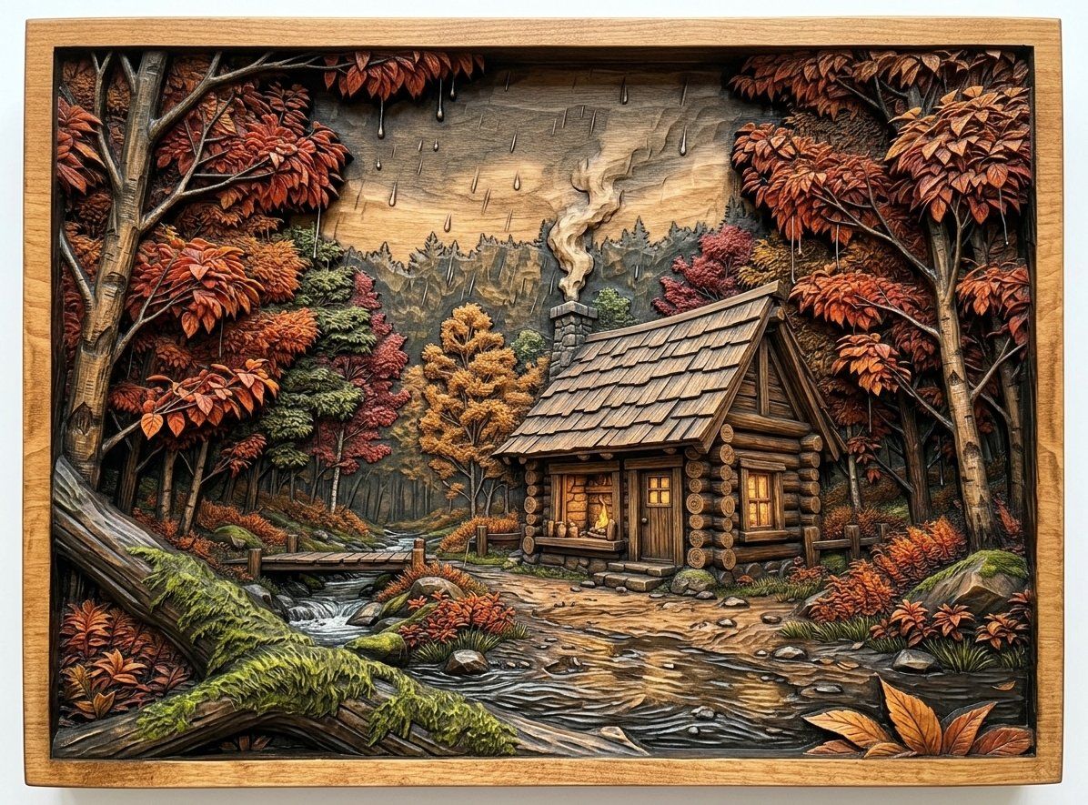 Cozy Autumn Log Cabin Forest Scene CNC Relief STL bas-relief STL — view 15