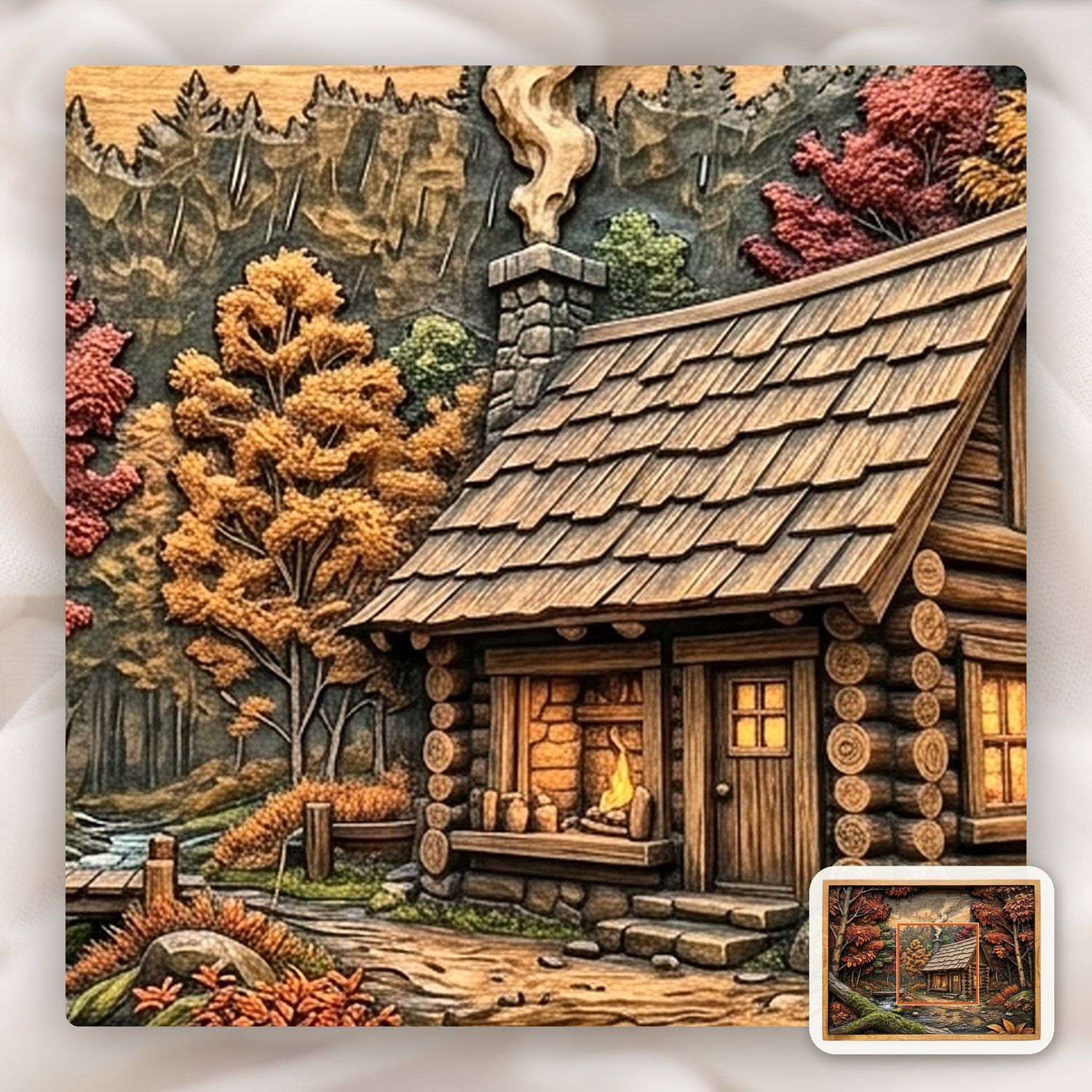 Cozy Autumn Log Cabin Forest Scene CNC Relief STL bas-relief STL — view 10