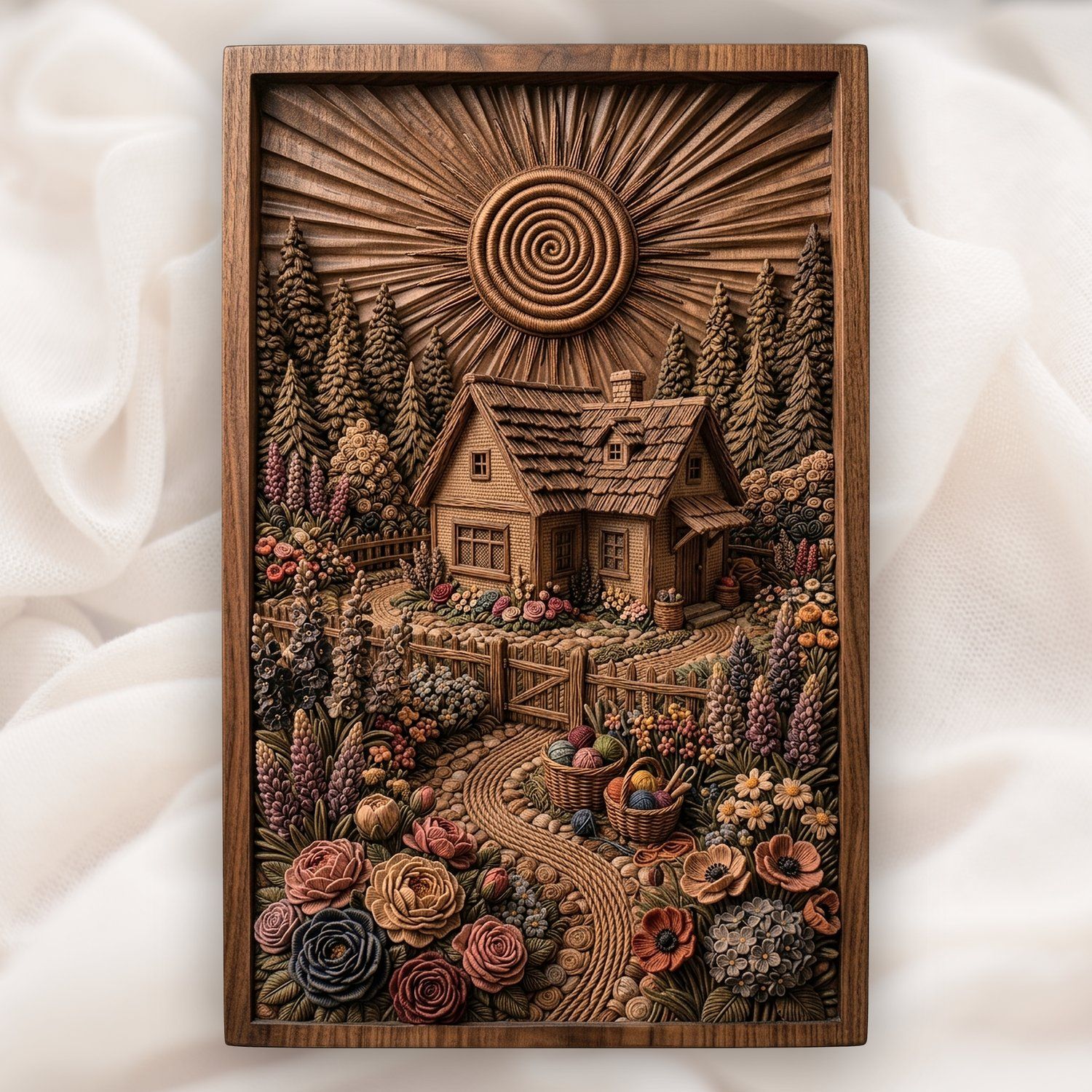 Cozy Cottage Garden Yarn Basket CNC Relief STL | Rustic Cabin Wood Carving Design | Fiber Art Wall Decor Panel — carved bas relief STL file for CNC