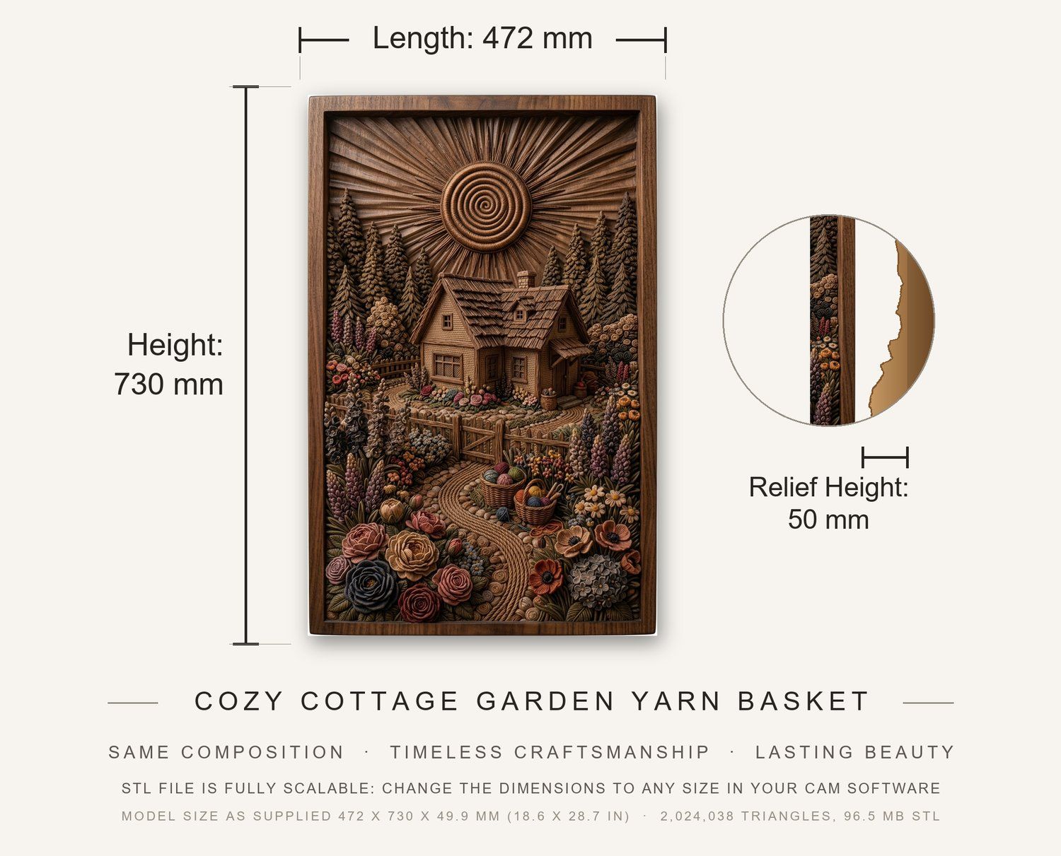 Cozy Cottage Garden Yarn Basket CNC Relief STL bas-relief STL — view 3