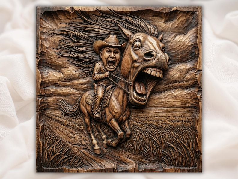 Carved wood relief of a screaming cowboy riding a wild-eyed horse with flying mane across a grassy field