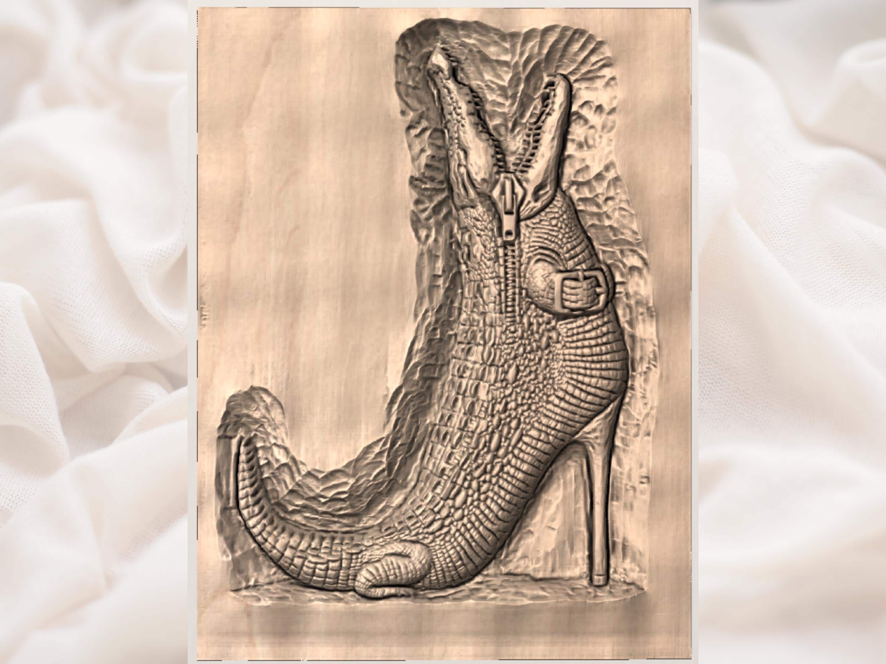 Unzipping Crocodile Bas-Relief STL, Scaled Reptile Wall Art bas-relief STL — view 2