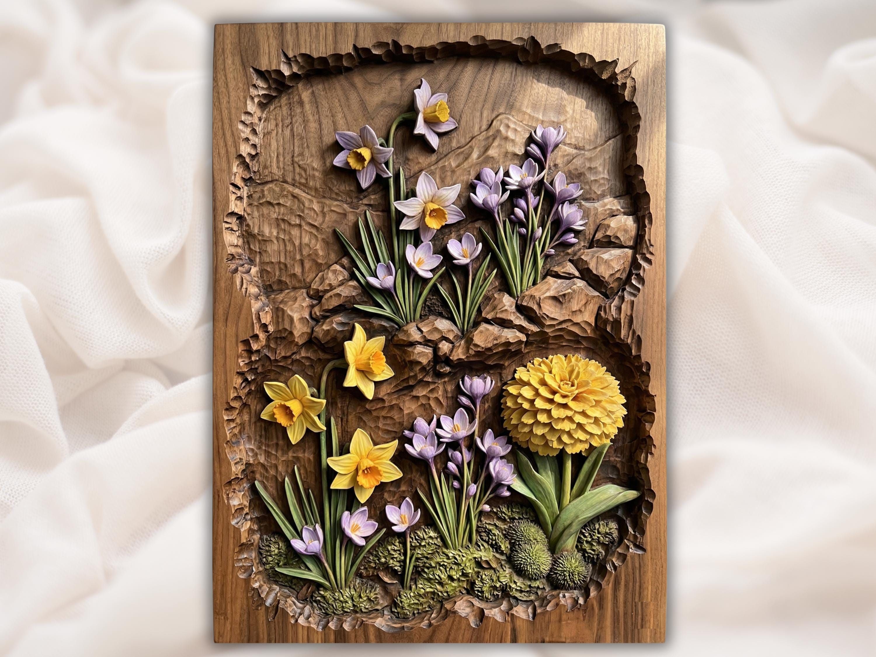 Carved wood bas-relief of daffodils, lavender crocus, and a yellow bloom rising from rocky moss-covered ground