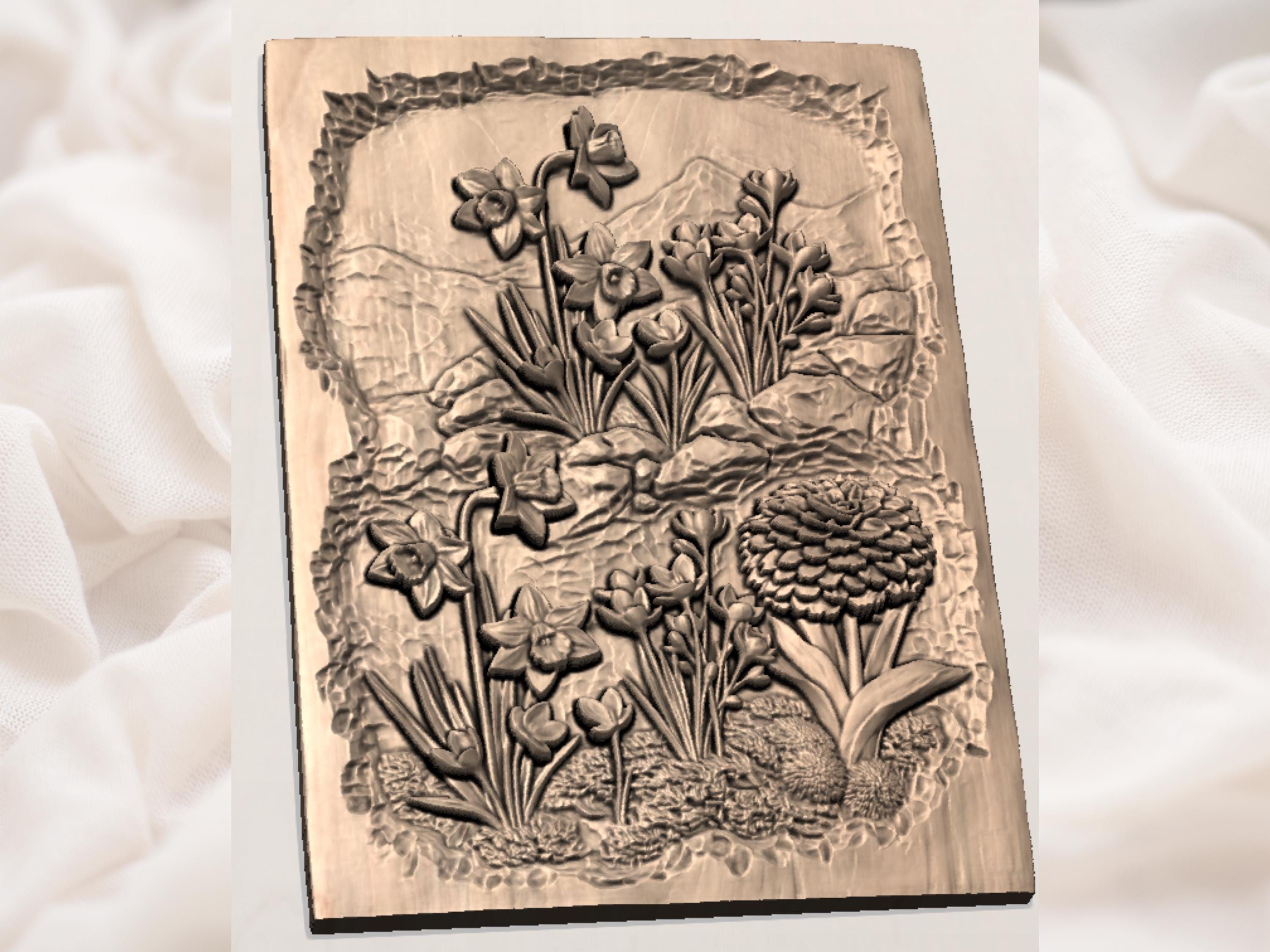 Crocus and Daffodil Spring Garden Bas-Relief STL Panel bas-relief STL — view 2
