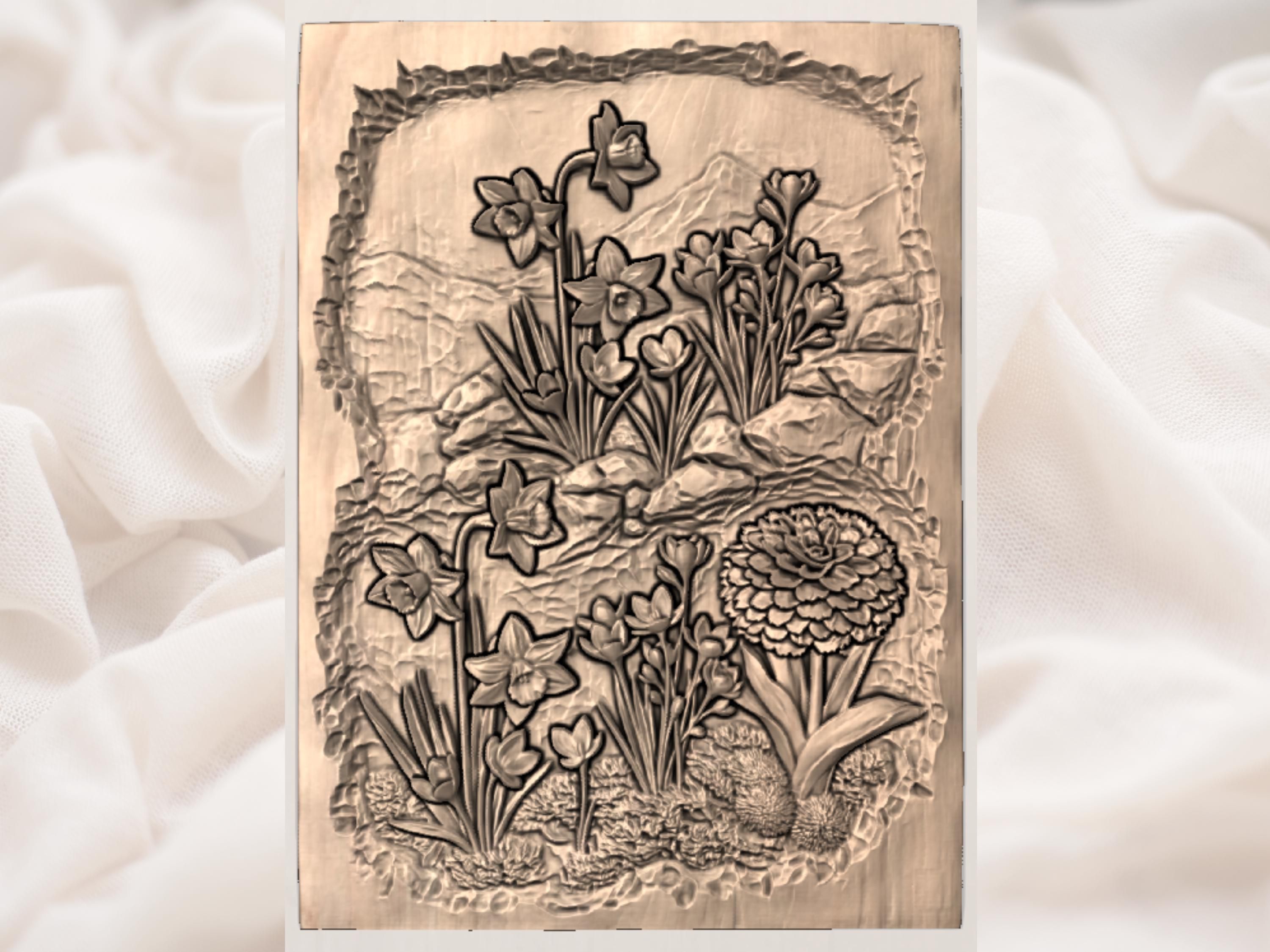 Crocus and Daffodil Spring Garden Bas-Relief STL Panel bas-relief STL — view 3