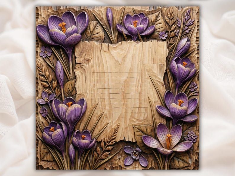 Bas-relief carving of purple crocus flowers and leaves bordering a blank wood center panel