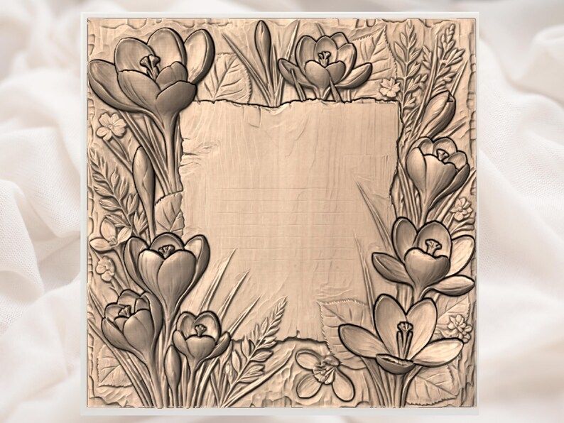 Crocus Flower Border Frame with Blank Center Panel Relief STL bas-relief STL — view 2