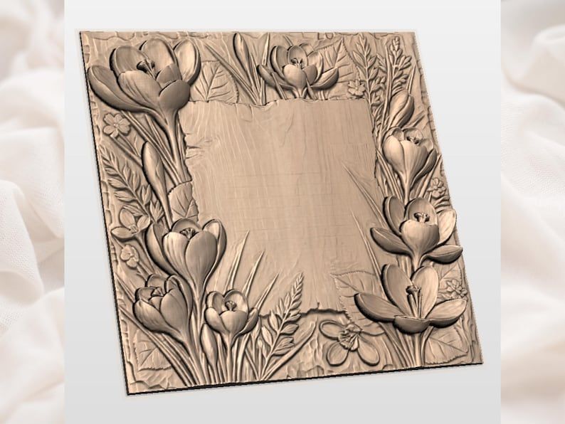 Crocus Flower Border Frame with Blank Center Panel Relief STL bas-relief STL — view 3
