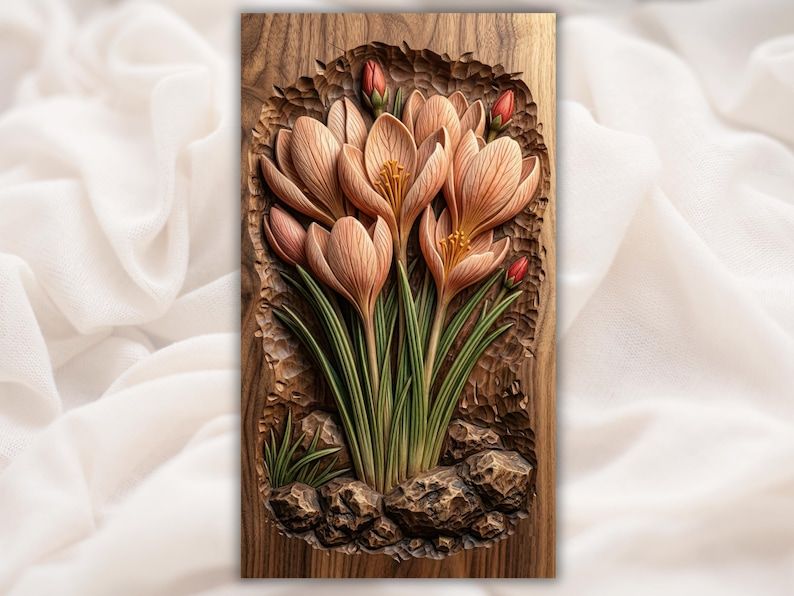 Bas-relief wood carving of a cluster of blooming crocus flowers with buds, leaves, and stones