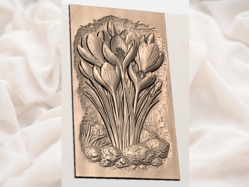 Blooming Crocus Cluster Bas-Relief STL for CNC and 3D Printing bas-relief STL — view 2