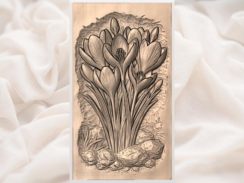 Blooming Crocus Cluster Bas-Relief STL for CNC and 3D Printing bas-relief STL — view 3