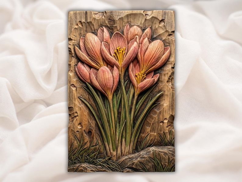 Bas-relief wood carving of a cluster of pink crocus flowers with green leaves rising from grass and stone.