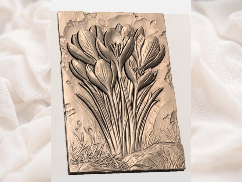 Crocus Cluster Bas-Relief STL, Spring Flowers Wood Carving Panel bas-relief STL — view 2