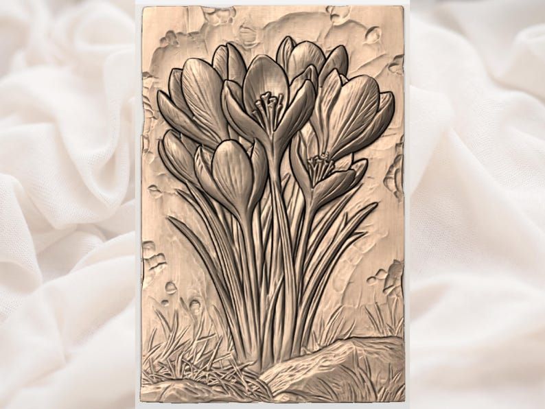 Crocus Cluster Bas-Relief STL, Spring Flowers Wood Carving Panel bas-relief STL — view 3