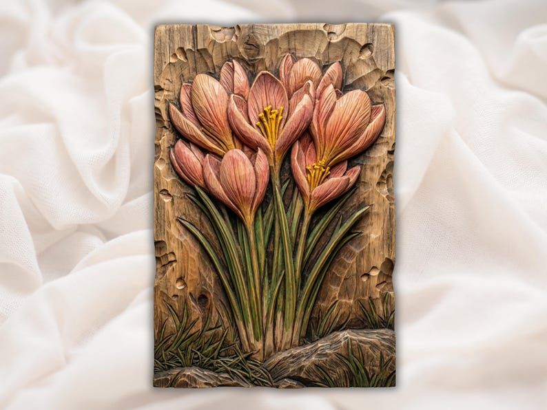 Crocus Cluster Bas-Relief STL, Spring Flowers Wood Carving Panel bas-relief STL design