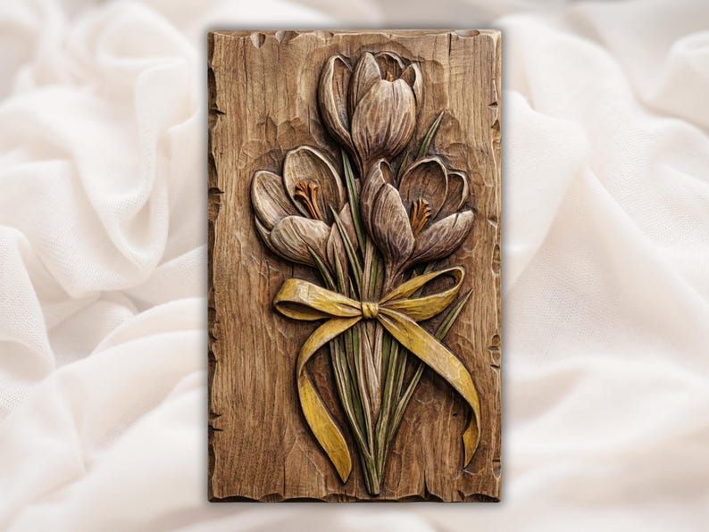 Bas-relief wood carving of a crocus flower bouquet tied with a ribbon bow on a rustic panel.