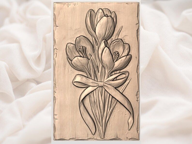 Crocus Bouquet with Ribbon Bow Bas-Relief STL Carving bas-relief STL — view 2