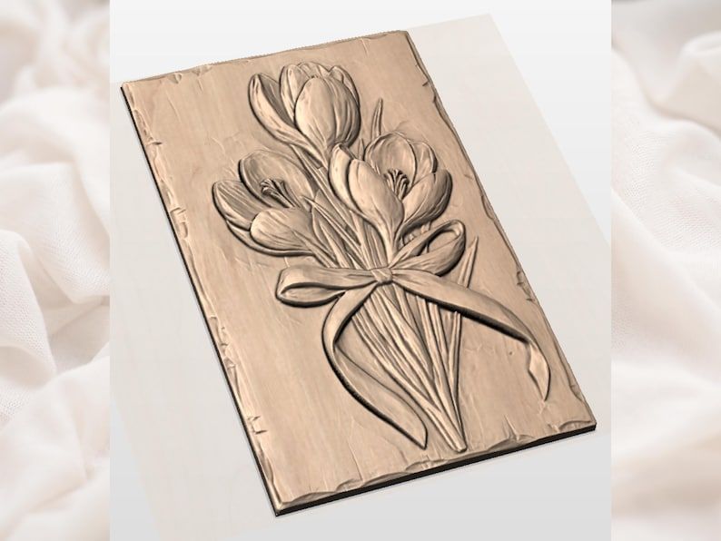 Crocus Bouquet with Ribbon Bow Bas-Relief STL Carving bas-relief STL — view 3