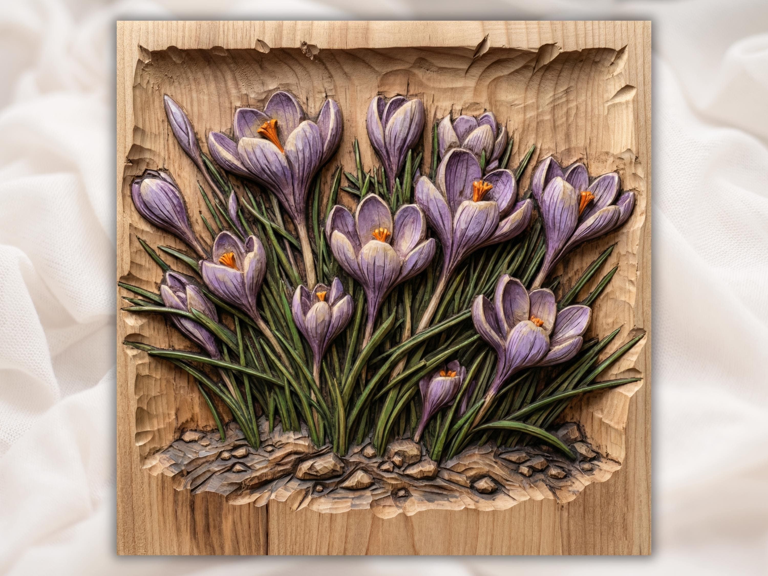 Carved wood bas-relief of purple crocus flowers with green leaves rising from rocky ground.