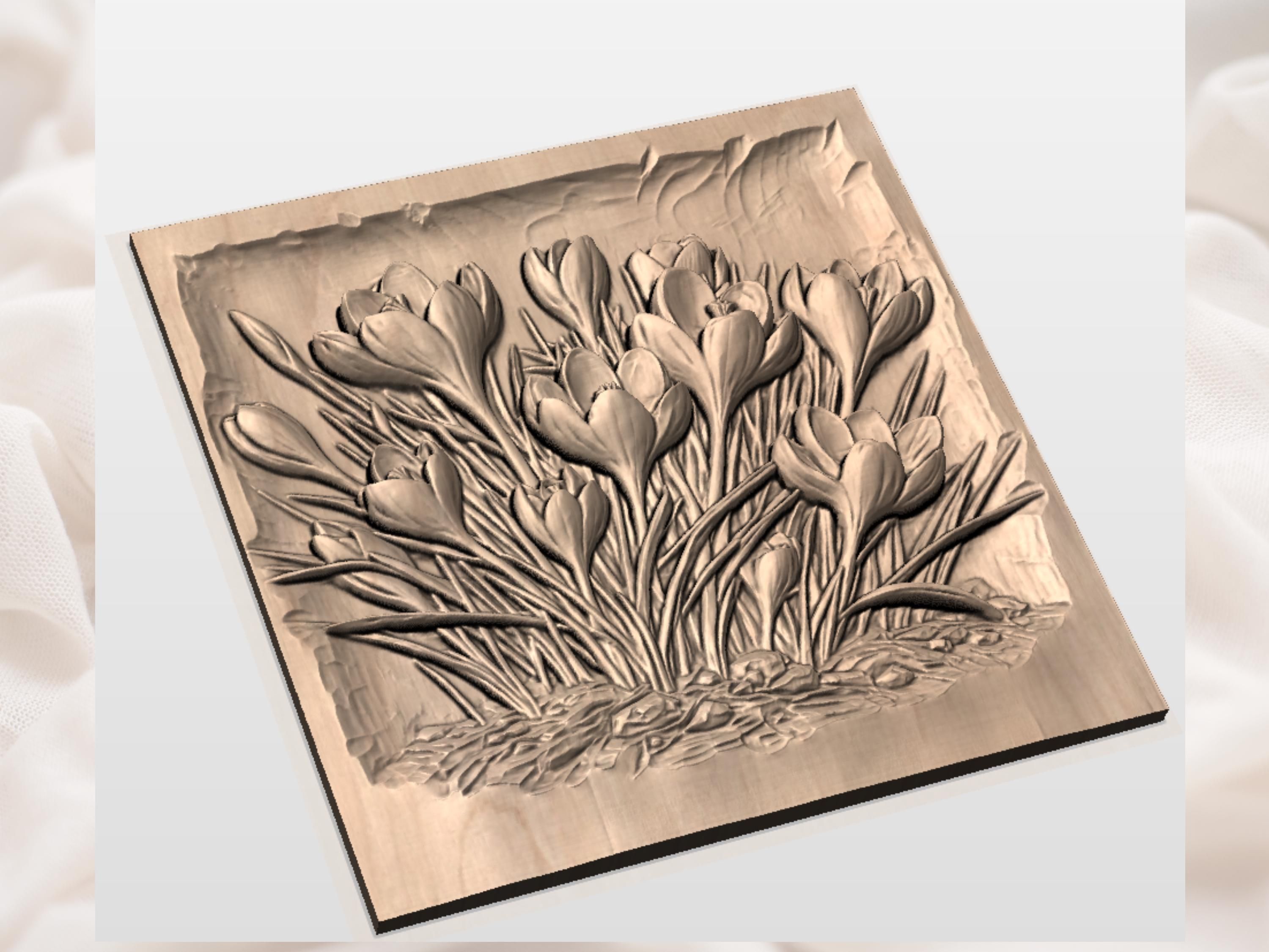 Wild Crocus Blooms Rising From Stony Ground STL Relief bas-relief STL — view 2