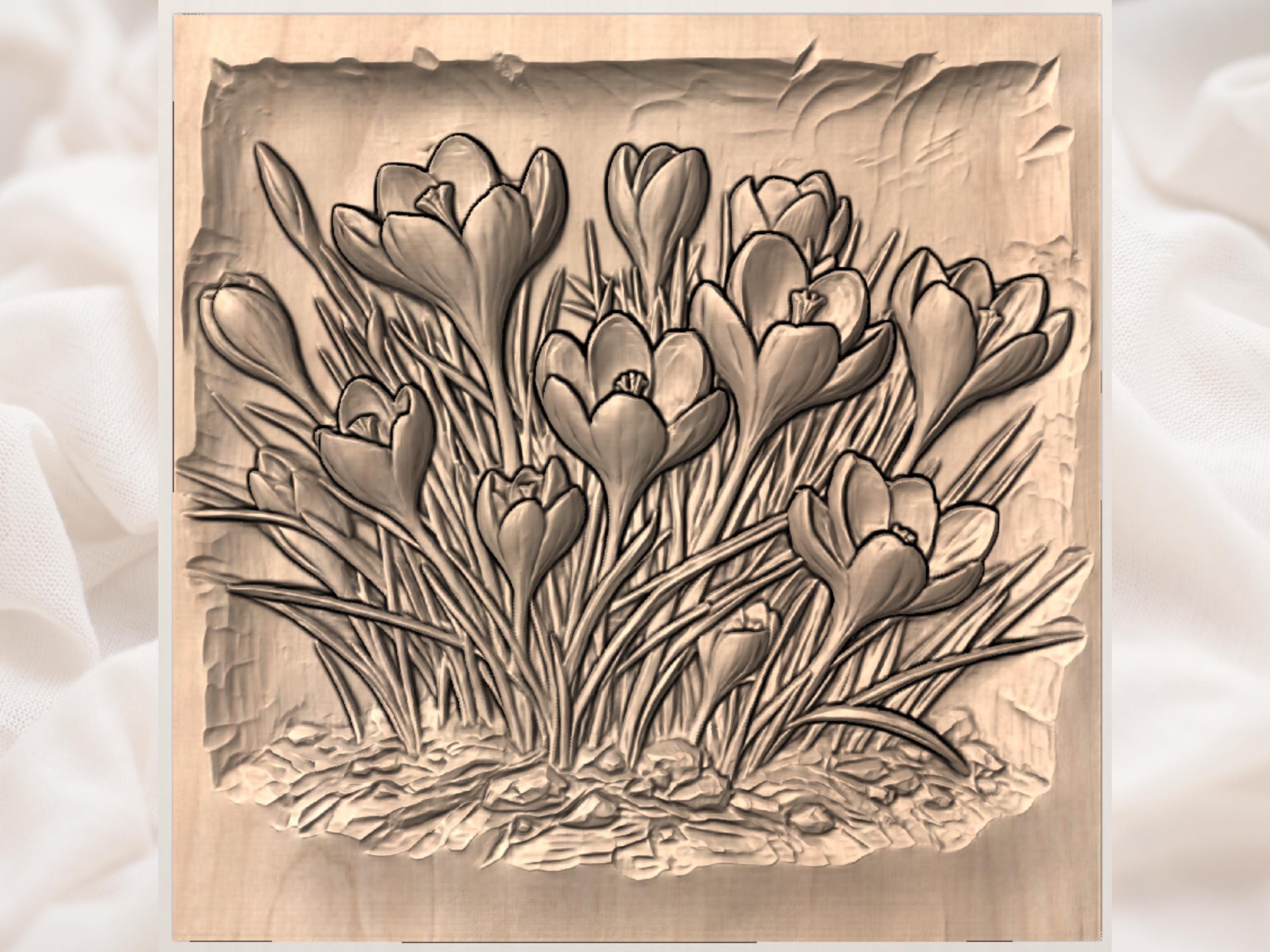 Wild Crocus Blooms Rising From Stony Ground STL Relief bas-relief STL — view 3