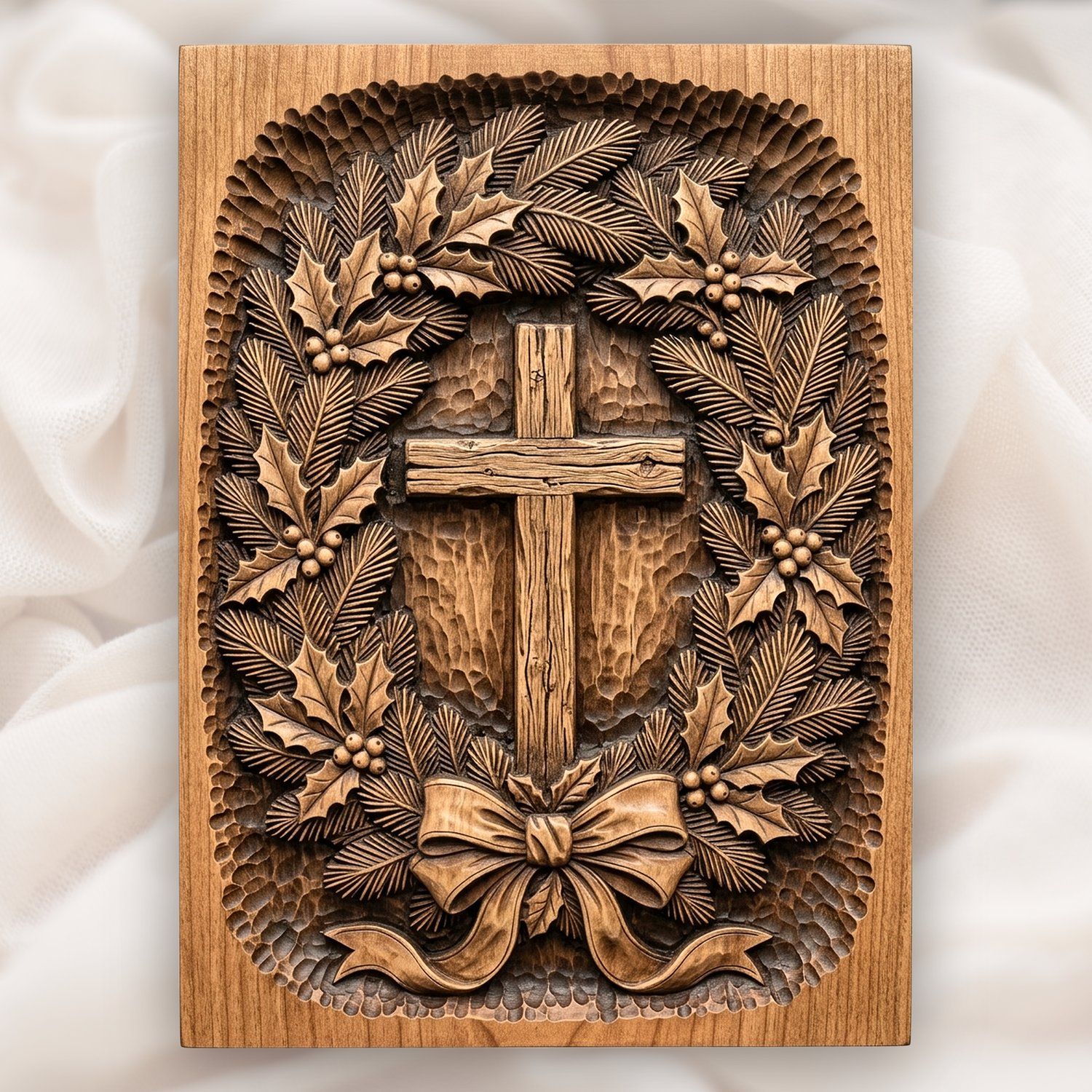 Cross Evergreen Wreath CNC Relief STL | Religious Wood Carving Design | Christian Faith Wall Art Panel — carved bas relief STL file for CNC